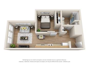 A 3D floor plan of a small apartment with a living room, kitchen, and bedroom.