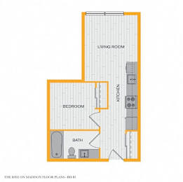 A floor plan of a small apartment with a living room, bedroom, and bathroom.