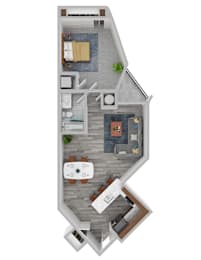 A top down view of a house with a kitchen, living room, dining room, and bedrooms.
