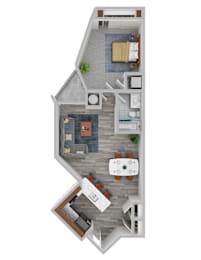 A top-down view of a house interior with a living room, dining area, kitchen, and bathroom.