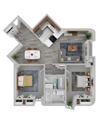 A 3D rendered image of a house layout with a kitchen, living room, dining room, and bedrooms.