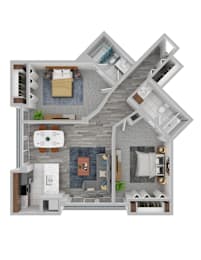 A 3D rendered image of a house layout.