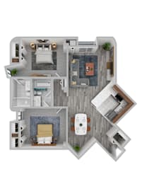 A top-down view of a house layout with a living room, kitchen, dining area, and bedrooms.