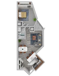A top-down view of a house interior with a kitchen, living room, and bedrooms.