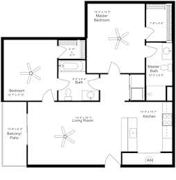 A floor plan of a house with a living room, kitchen, two bathrooms, and two bedrooms.