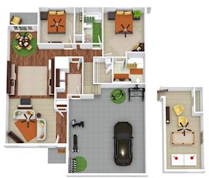 Three bedroom 2 bath 3D floorplan at Deer Valley Apartments, Silvis, Illinois