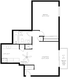 1 bedroom one bathroom 2D floorplan with balcony at Kimberly Club Apartments, Davenport, IA