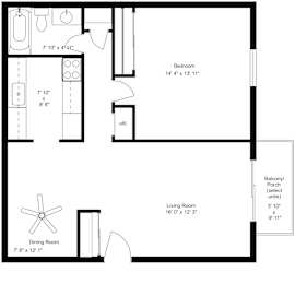 One bedroom 1 bath floorplan with balcony at Kimberly Club Apartments, Davenport, IA 52807