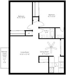 2 bed two bathroom 2D floorplan with balcony at Kimberly Club Apartments, Davenport
