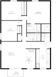 A floor plan of a house with a living room, dining room, kitchen, and bathrooms.