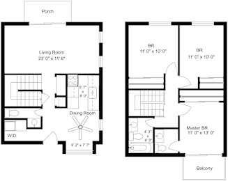 A floor plan of a house with a living room, dining room, and balcony.