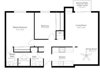 A floor plan of a house with a master bedroom, two bathrooms, a living room, a dining room, a kitchen, and a balcony/patio.