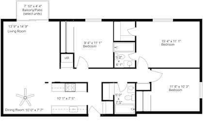 A floor plan of a house with a living room, dining room, and three bedrooms.