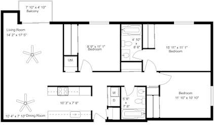 A black and white image of a floor plan for a home with a living room, dining room, and two bedrooms.