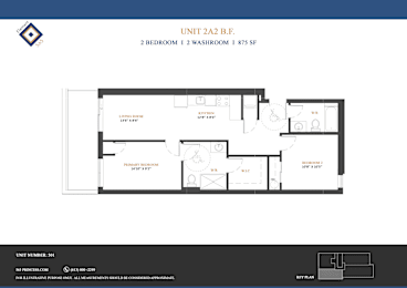 A floor plan for a 2 bedroom, 1 washroom apartment sized at 875 square feet.