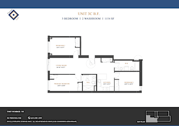 A floor plan for Unit 3C B.E. shows a 3 bedroom, 1 washroom unit.