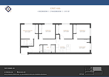 A floor plan for Unit 4Ab shows a 4 bedroom, 1 washroom apartment sized at 1193 square feet.