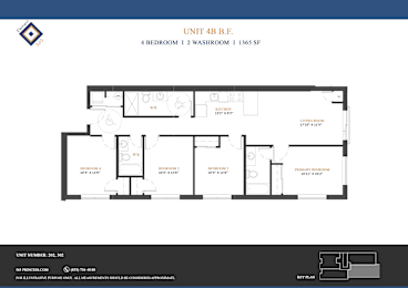 A floor plan for Unit 4B.F. shows a 4 bedroom, 1 2 washroom apartment sized at 1365 SqFt.