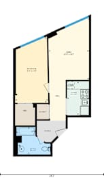 Floor Plan  A floor plan of a room with a bedroom, closet, hall, and foyer.
