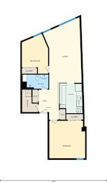 Floor Plan  A floor plan of a house with a bedroom, living room, kitchen, and bathroom.