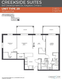 A floor plan for a 2 bedroom, 2 bathroom suite at Creekside Suites.