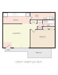 A floor plan of a small apartment with one bedroom, one bathroom, and a kitchen.