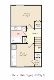 A floor plan of a one bedroom apartment with an upper bath.