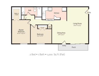 2BR 1Bath Floor Plan at Kings Trail Apartment Homes, Jacksonville