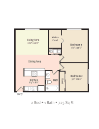 2 Bedroom 1 Bath 2D Floorplan at Lago Bello Apartment