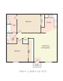 2D Floorplan of 2 Bedroom 1.5 Bath at Tanglewood Apartment Homes