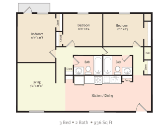 3 Bedroom 2 Bath 2D Floorplan, 936 sq ft, at North Washington Apartments