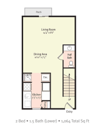 image of floor plan for 2 bedroom 1 and a half bath apartment