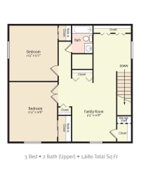 image of upper floor plan for 3 bed two bath apartment