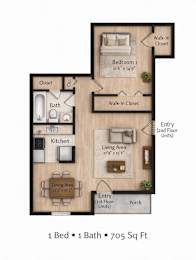 A floor plan of a one bedroom apartment with a bath and totaling 705 square feet.