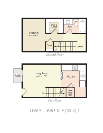 1 Bedroom 1 Bath 2D Townhouse Floorplan,  Jacksonville Heights Apartments