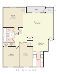 3 Bedroom 2 Bath 2D Floorplan,  Jacksonville Heights Apartments