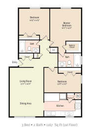 3 Bedroom 2 Bedroom 2D Floorplan, Rolling Hills Apartments