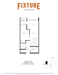 A floor plan for a suite with a bedroom, den, and bathroom.