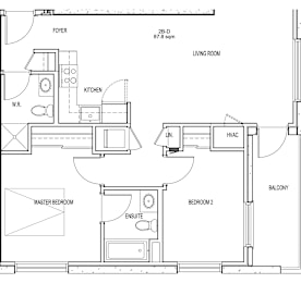 A floor plan of a home with a living room, kitchen, two bedrooms, and a balcony.