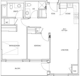 A floor plan of a home with a living room, kitchen, and two bedrooms.