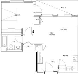 A floor plan of an apartment with a living room, bedroom, kitchen, and foyer.