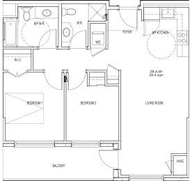 A floor plan of a living space with labeled rooms and furniture.