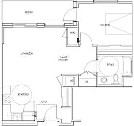 A floor plan of a small apartment with a living room, bedroom, and kitchen.