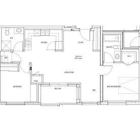 A floor plan of a house with a kitchen, living room, and two bedrooms.