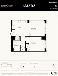 A floor plan for a residence named Amara, located at 31-90 29th Street, Astoria, NY 11106, shows a living room, a kitchen, a bedroom, and a bath