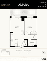 A floor plan for the Amara residence in Astoria, NY shows a living room, two bedrooms, a kitchen, and a bathroom.