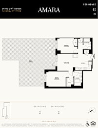 A floor plan for an apartment in Amara, showing two bedrooms and two bathrooms.
