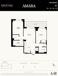 A floor plan for the Amara residence in Astoria, NY shows two bedrooms and two bathrooms.