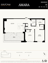 A floor plan for a residence named Amara showing two bedrooms and two bathrooms.