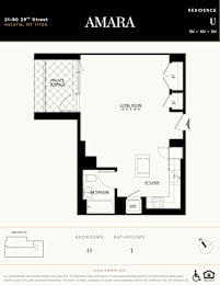A floor plan for a residence in Amara shows a living room, kitchen, bathroom, and bedrooms.